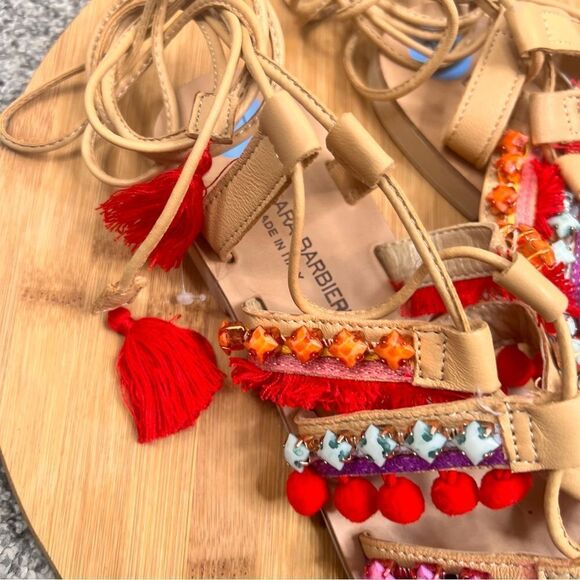 Sz 7.5 Barbara Barbieri Leather Lace Up Tassel Studded Pom Pom Strappy Sandals - Picture 10 of 13